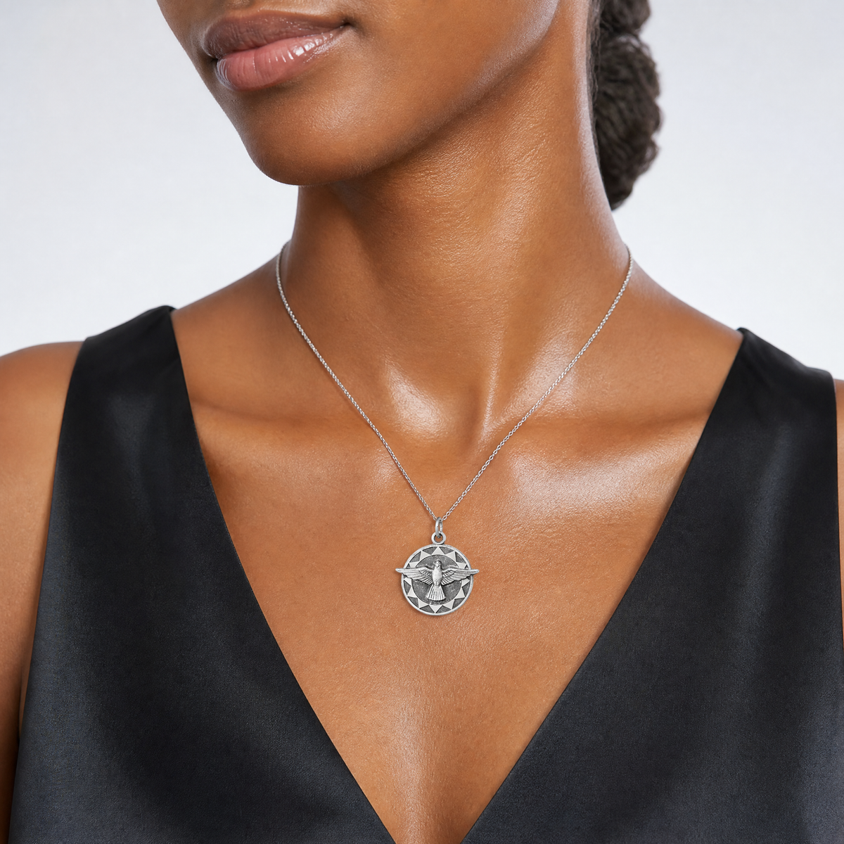 Sterling Silver Antiqued Holy Spirit Medal - Model Shot