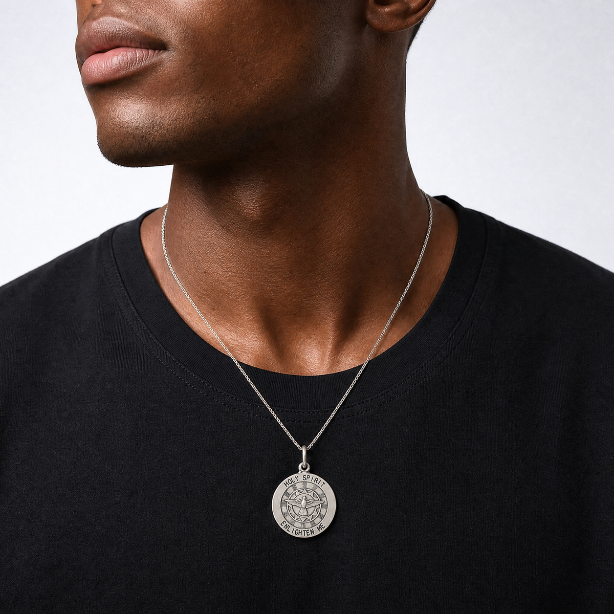 Sterling Silver Antiqued Holy Spirit Medal - Model Shot