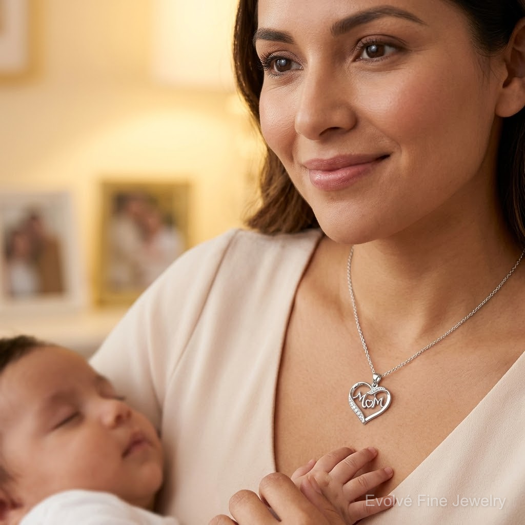 Sterling Silver Rhodium-plated MOM CZ Heart Pendant - Model Shot