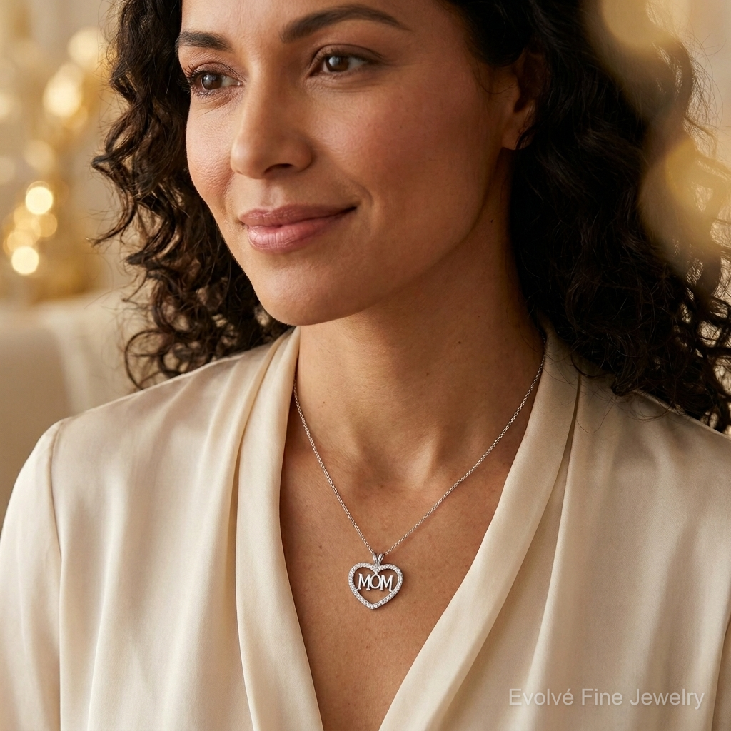 Sterling Silver Rhodium-plated CZ Open Heart MOM Pendant - Model Shot