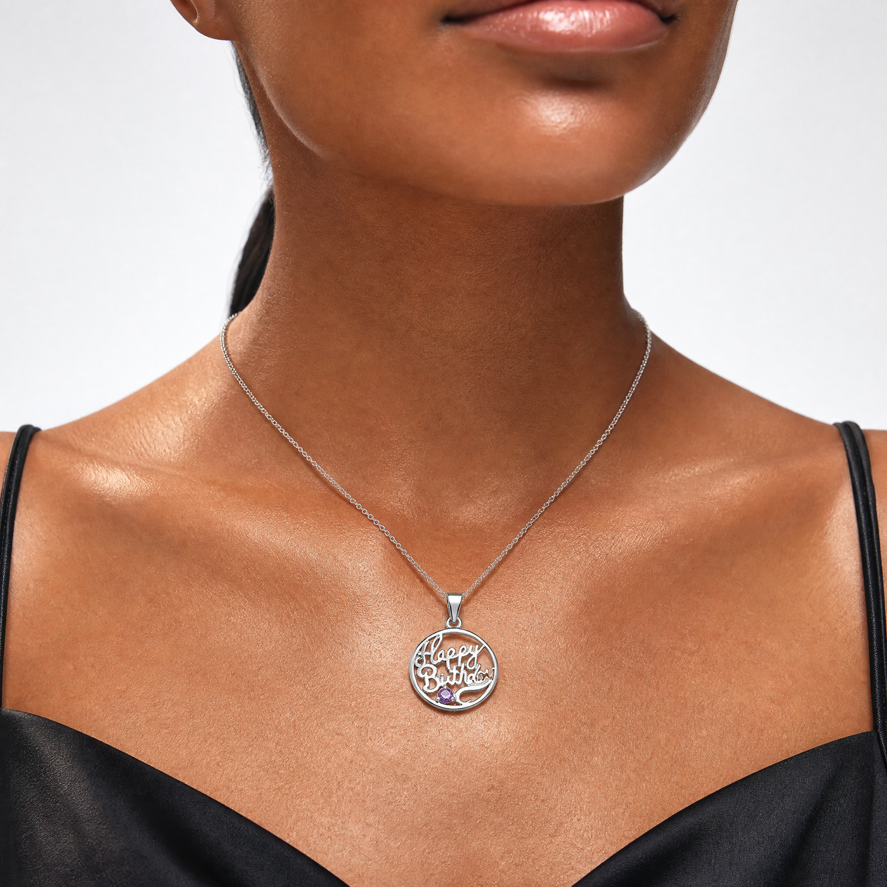 Sterling Silver Rhodium-plated Amethyst Happy Birthday Pendant - Model Shot
