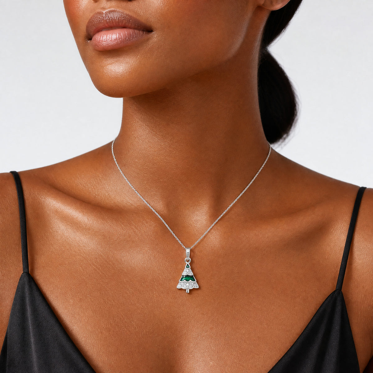 Sterling Silver Rhodium-plated CZ and Enameled Christmas Tree Pendant - Model Shot