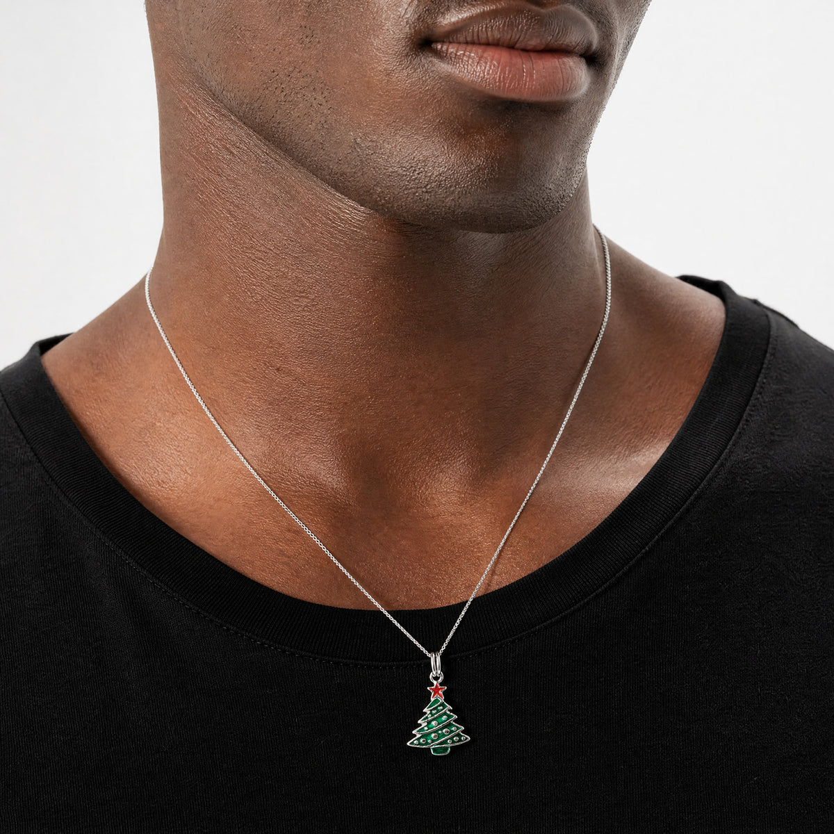 Sterling Silver Rhodium-platedEnamel Christmas Tree Charm - Model Shot