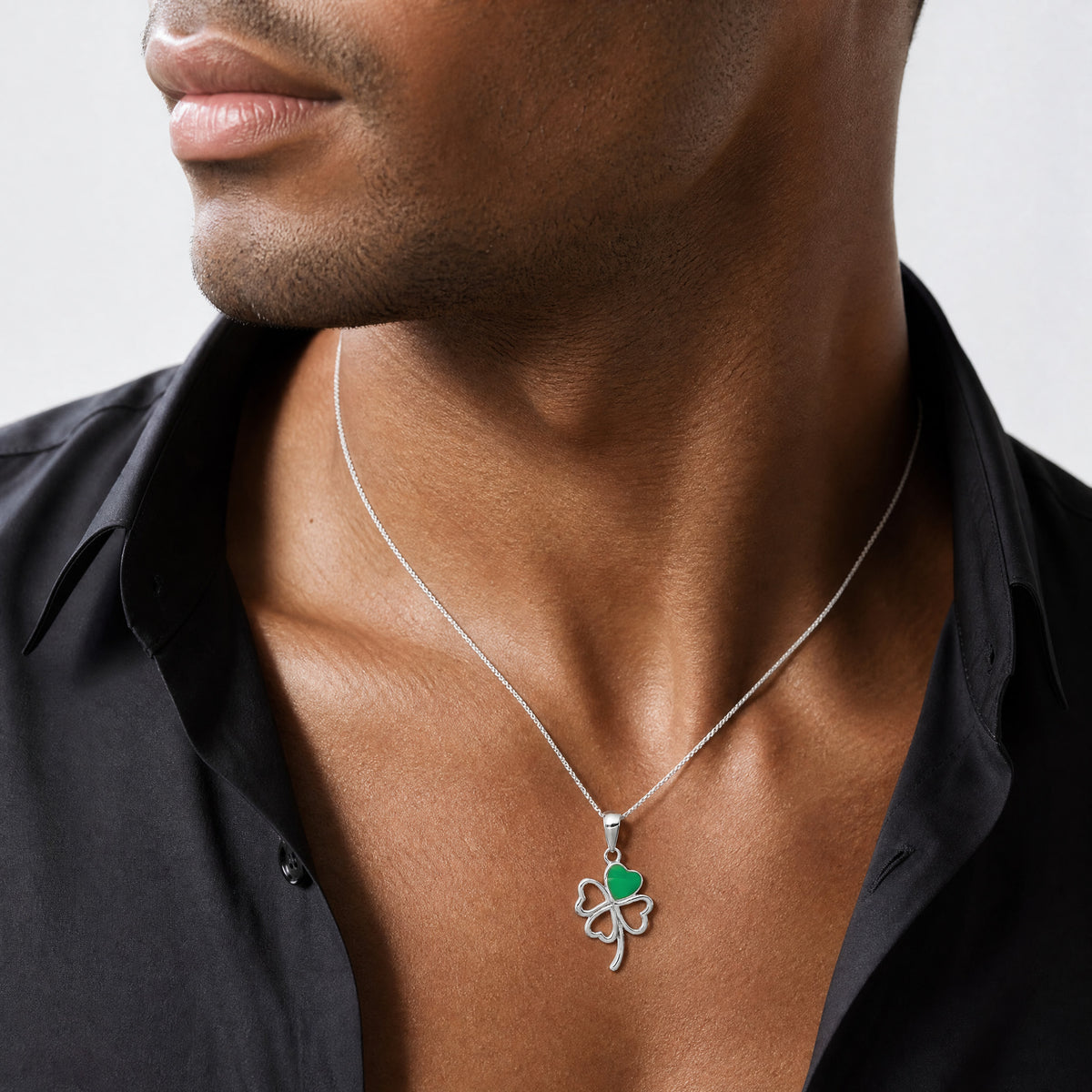 Sterling Silver Rhodium-plated Green Enameled Four Leaf Clover Pendant - Model Shot