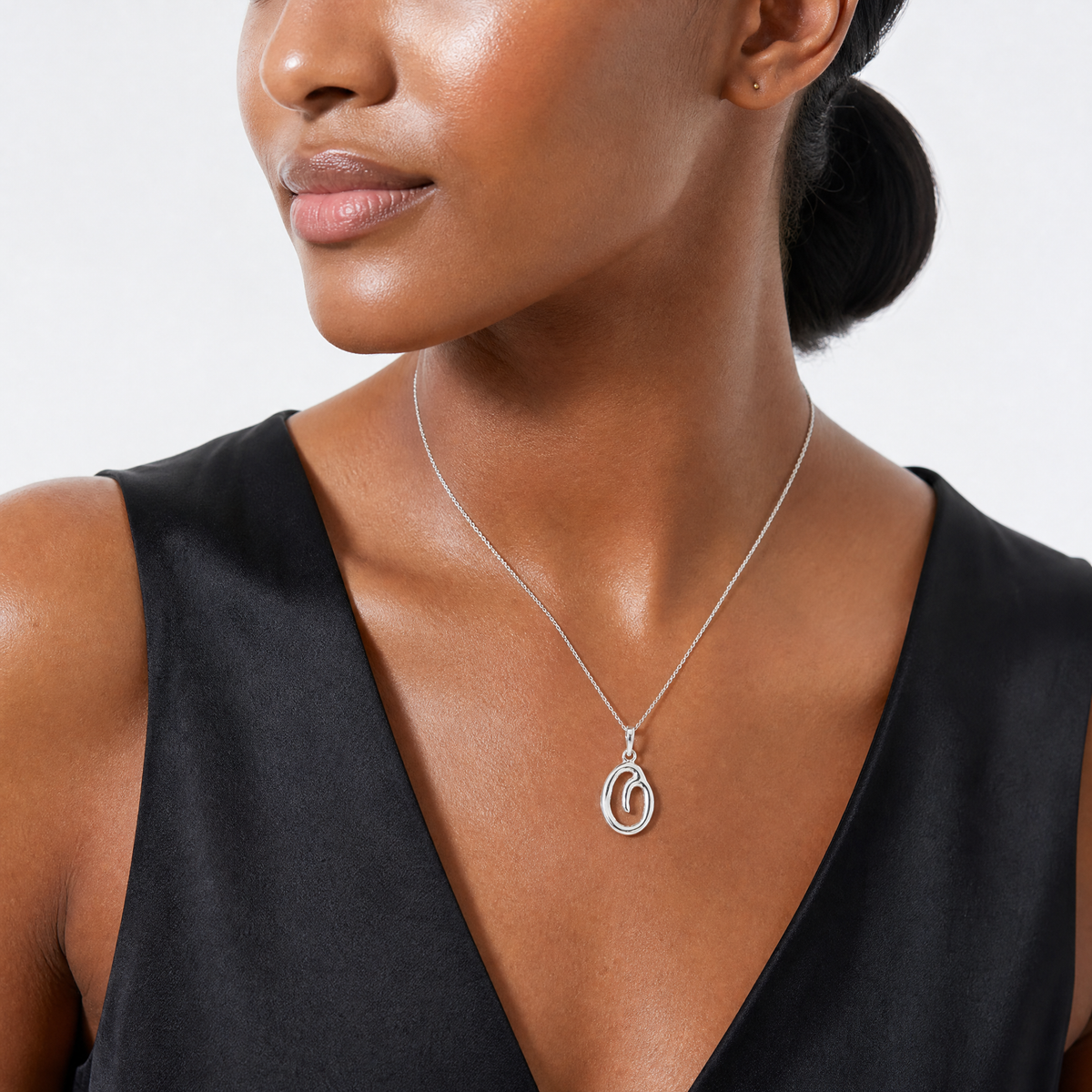 Sterling Silver Letter O Initial Pendant - Model Shot