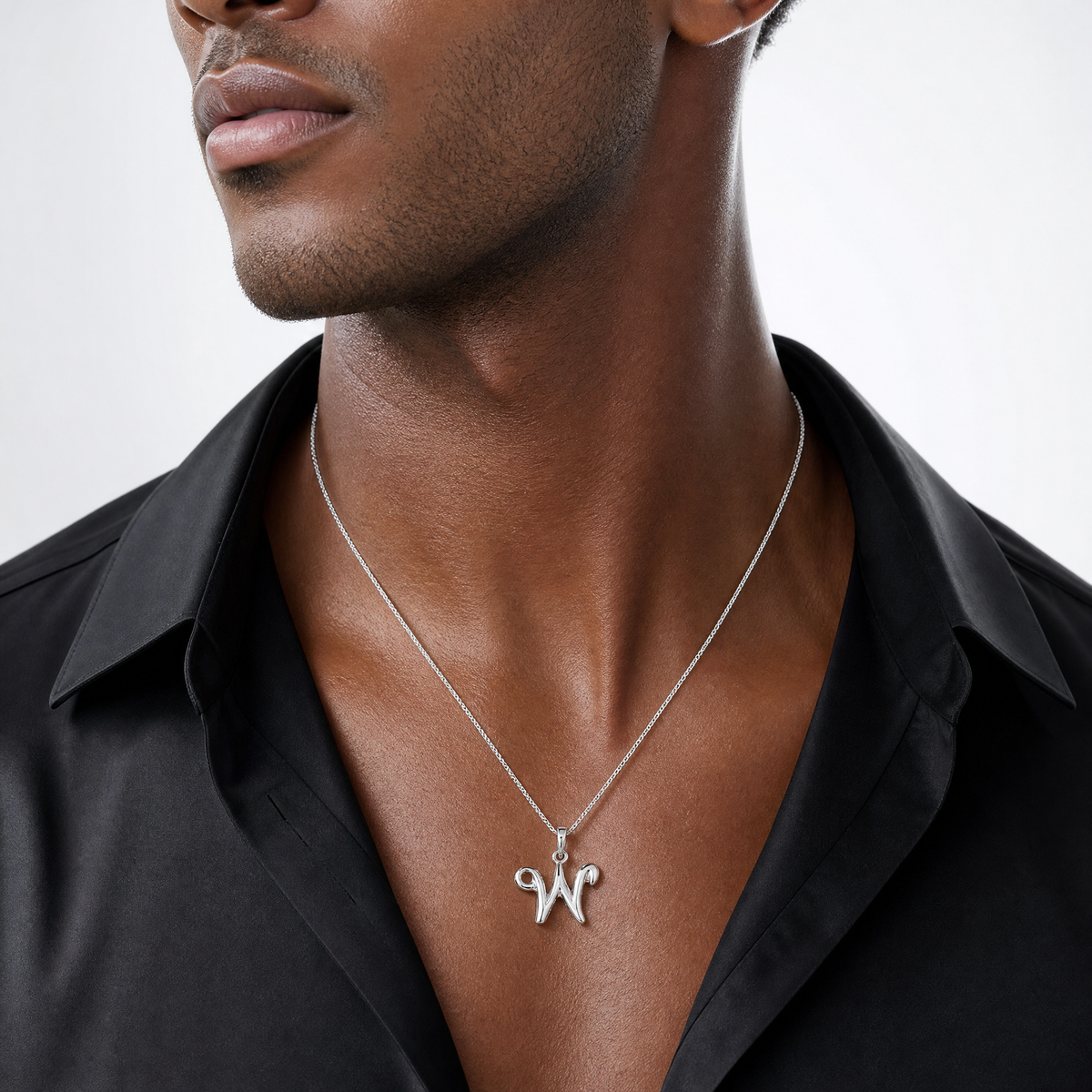 Sterling Silver Letter W Initial Pendant - Model Shot
