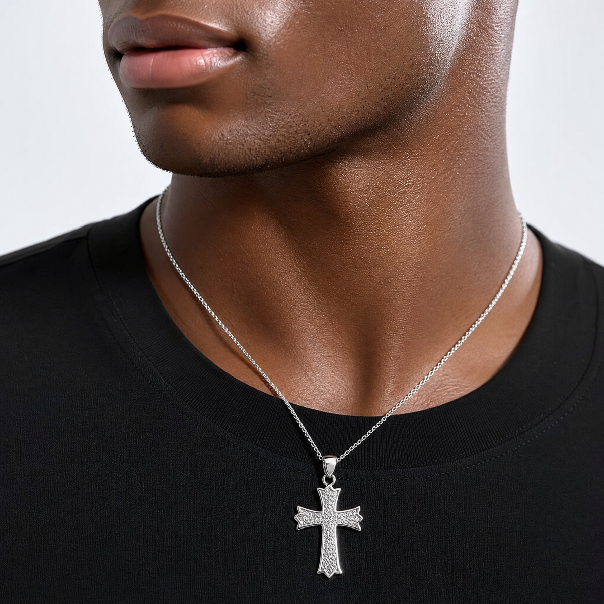 Sterling Silver Rhodium-plated Polished Filigree Cross Pendant - Model Shot