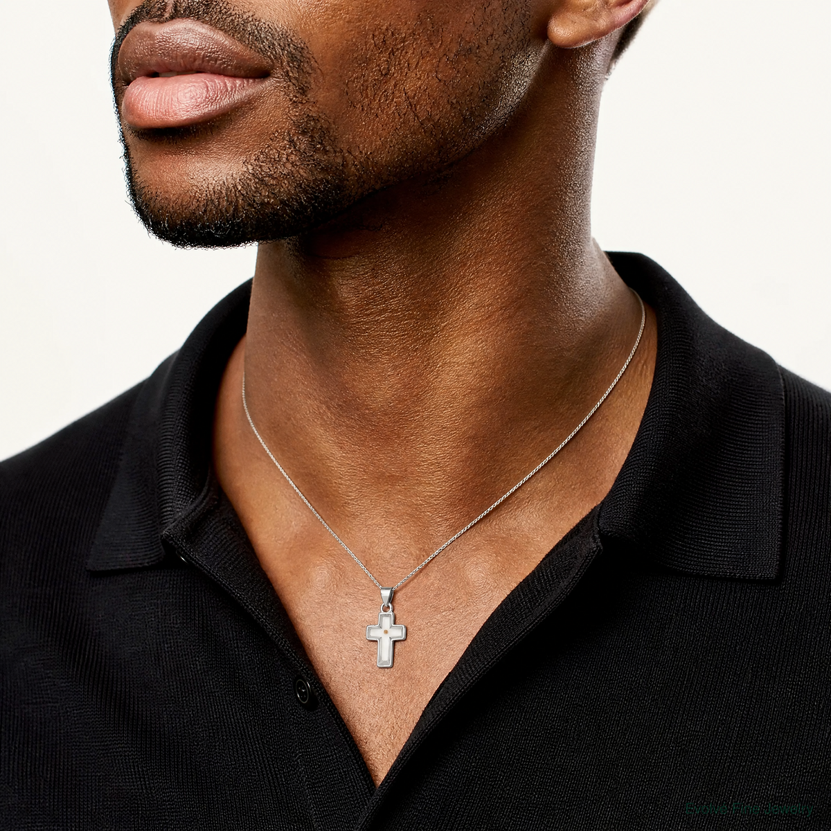 Sterling Silver Rhodium-plated Enameled Mustard Seed Cross Pendant - Model Shot
