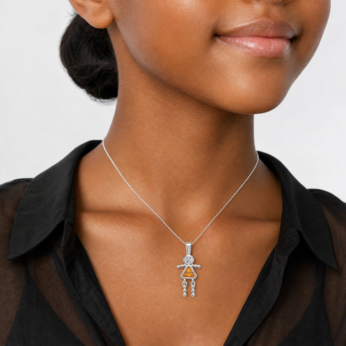 Sterling Silver Rhodium-plated CZ & November Glass Girl Pendant - Model Shot