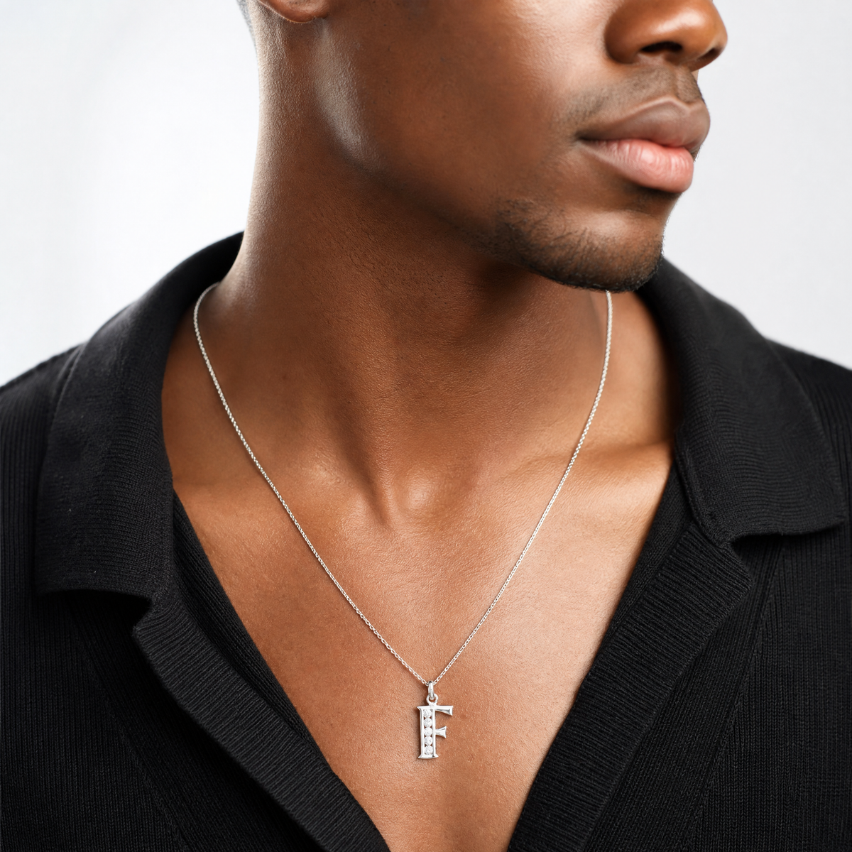 Sterling Silver White CZ Letter F Initial Pendant - Model Shot