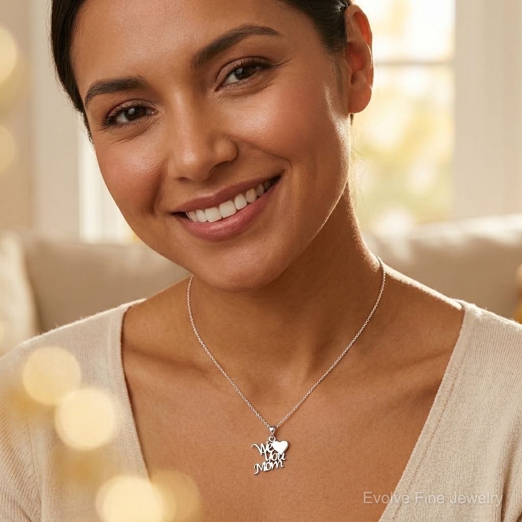 Sterling Silver Polished We Love You Mom Pendant - Model Shot