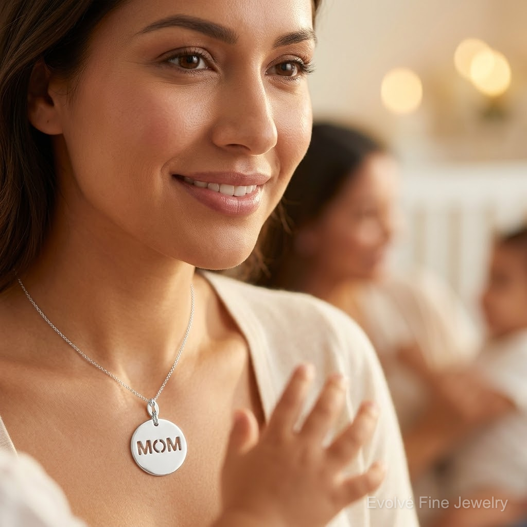 Sterling Silver Polished Circle Mom Charm - Model Shot