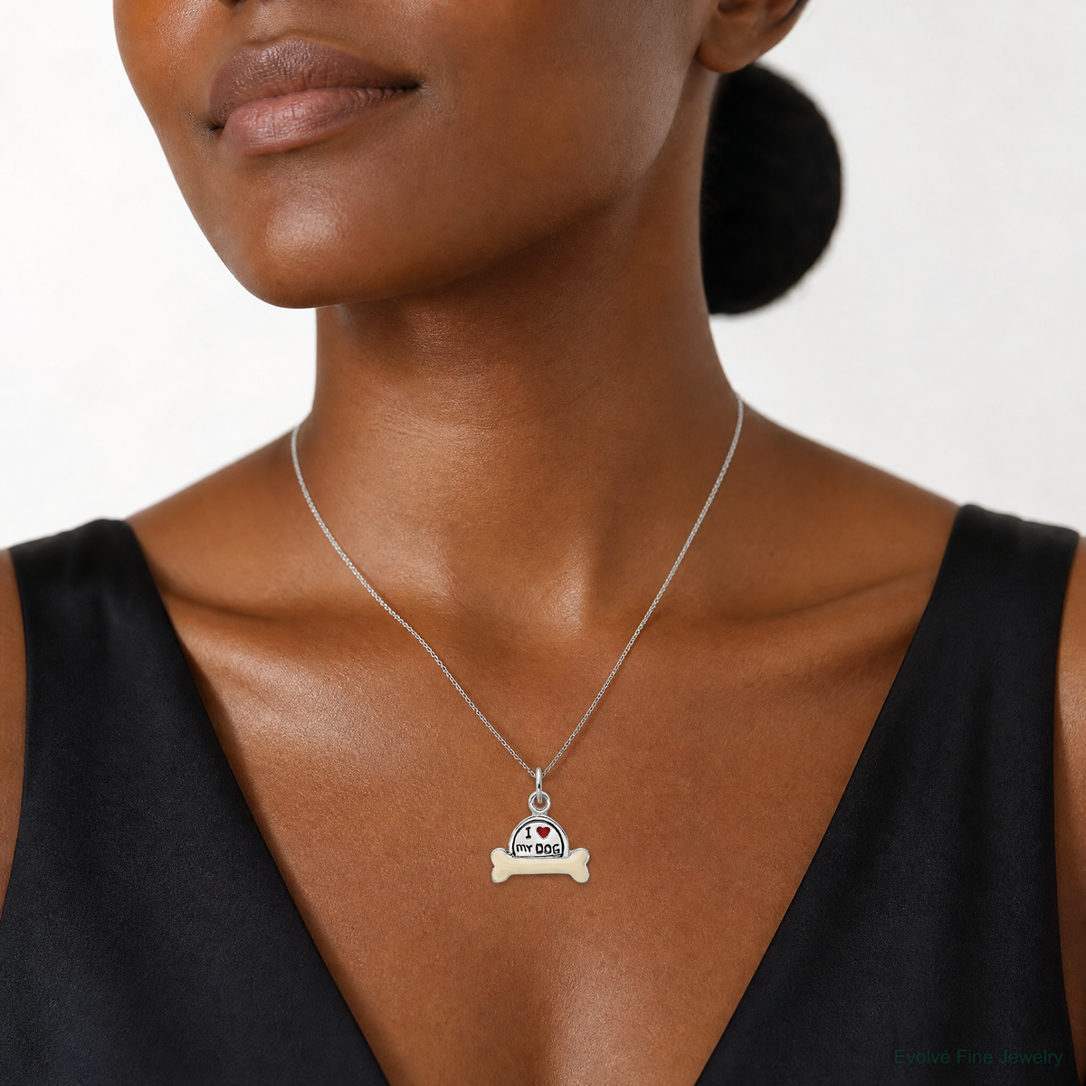 Sterling Silver Enameled I Love My Dog Charm - Model Shot