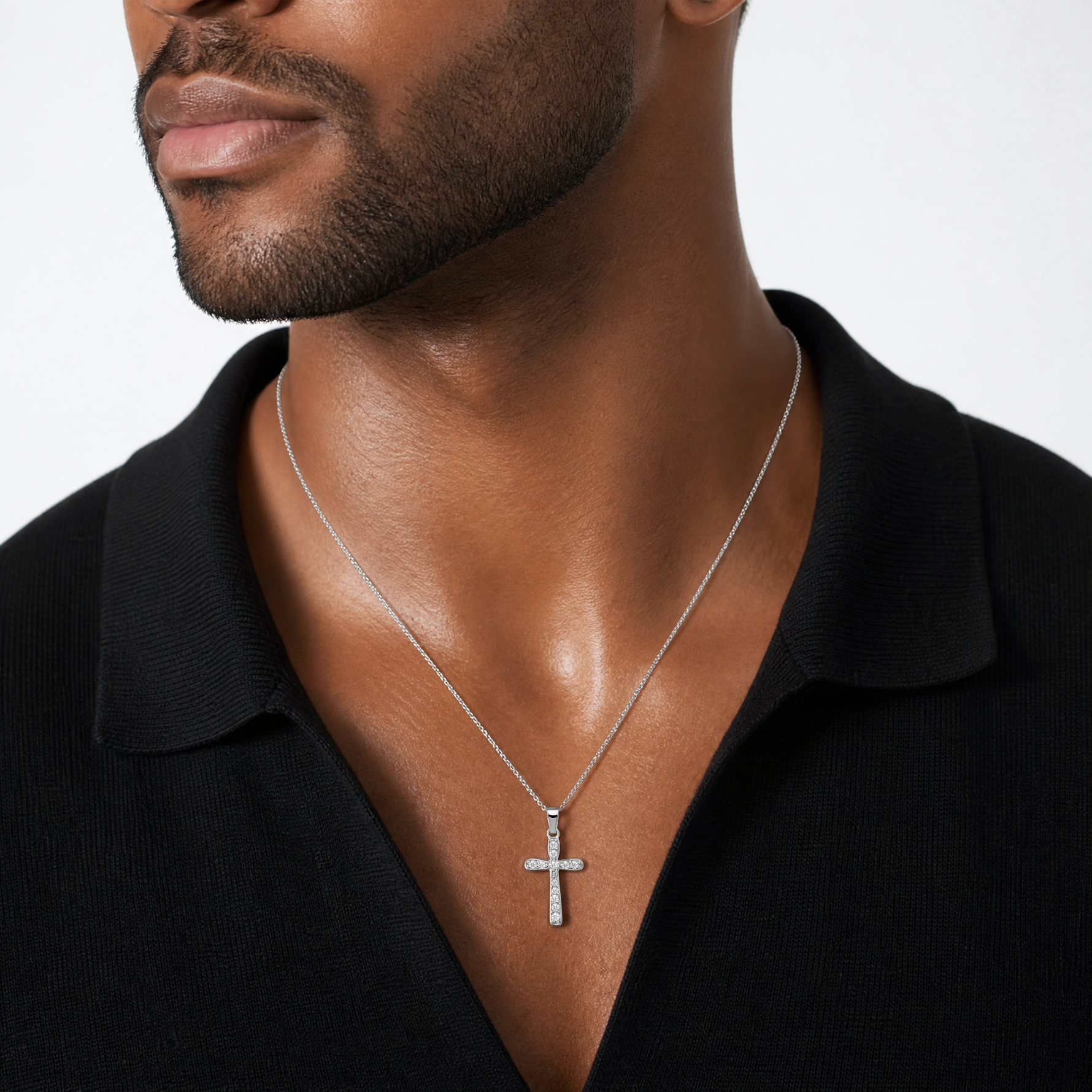 Sterling Silver Rhodium Plated CZ Cross Pendant - Model Shot