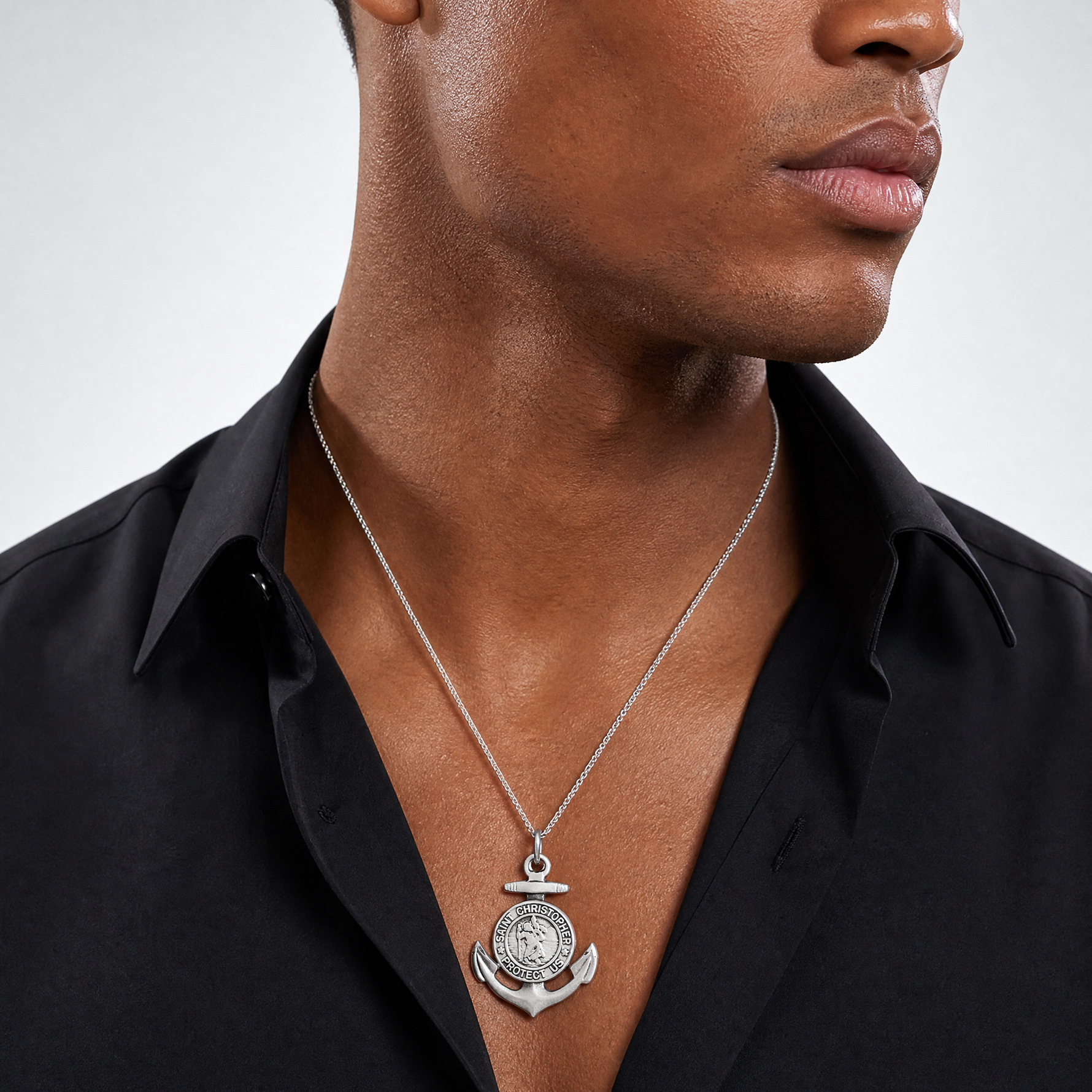 Sterling Silver Antiqued Satin St Christopher Anchor Medal Pendant - Model Shot
