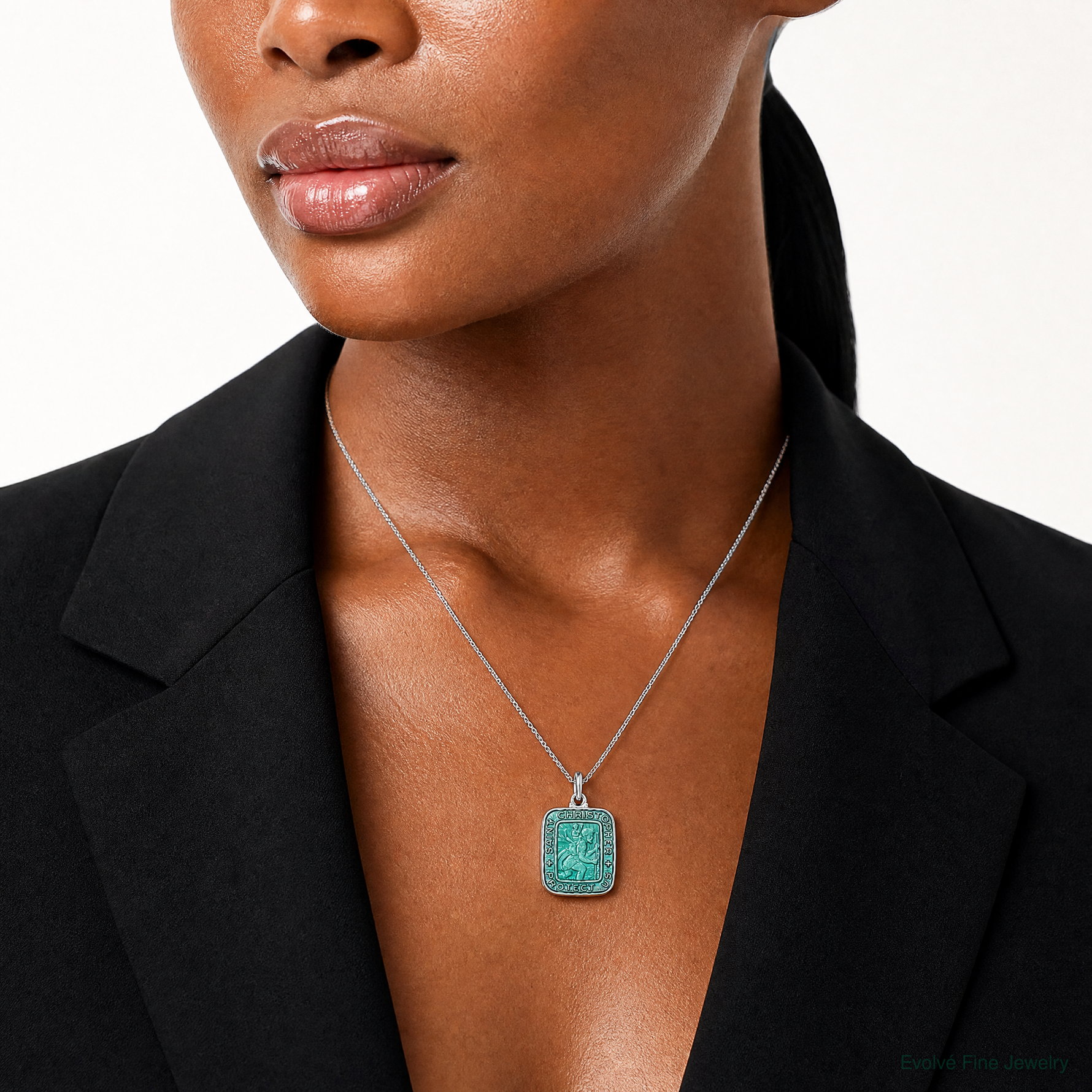 Sterling Silver Teal Enamel Square St. Christopher Medal Pendant - Model Shot