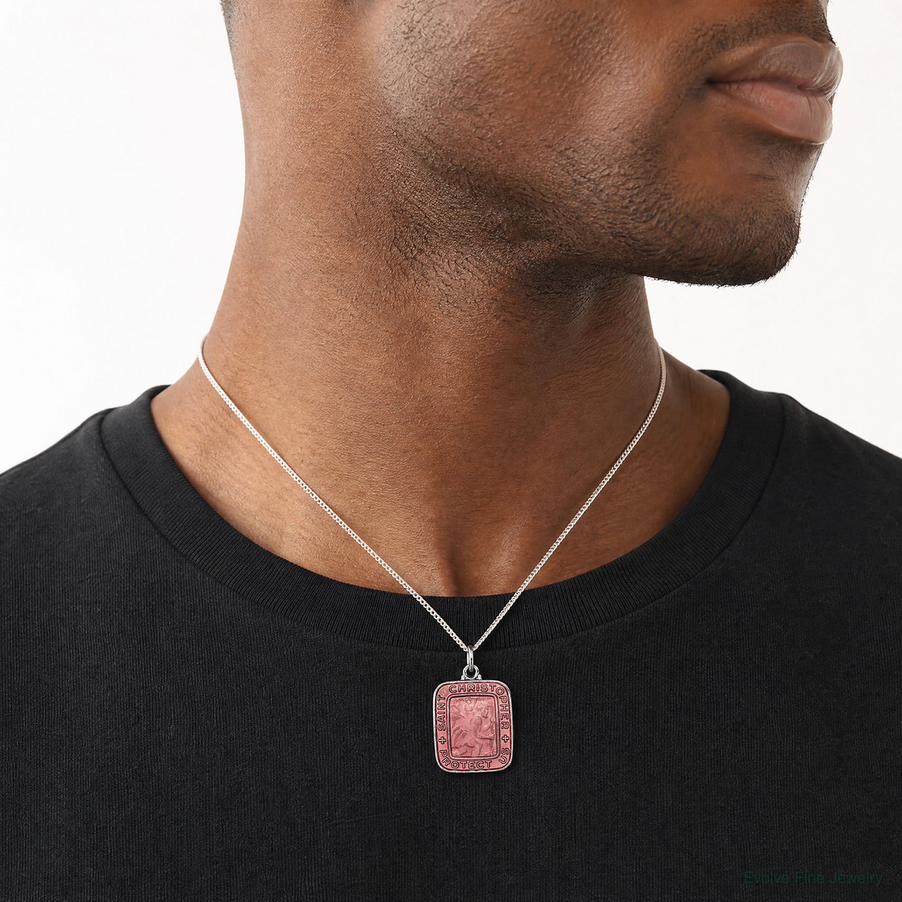 Sterling Silver Pink Enamel Square St. Christopher Medal Pendant - Model Shot