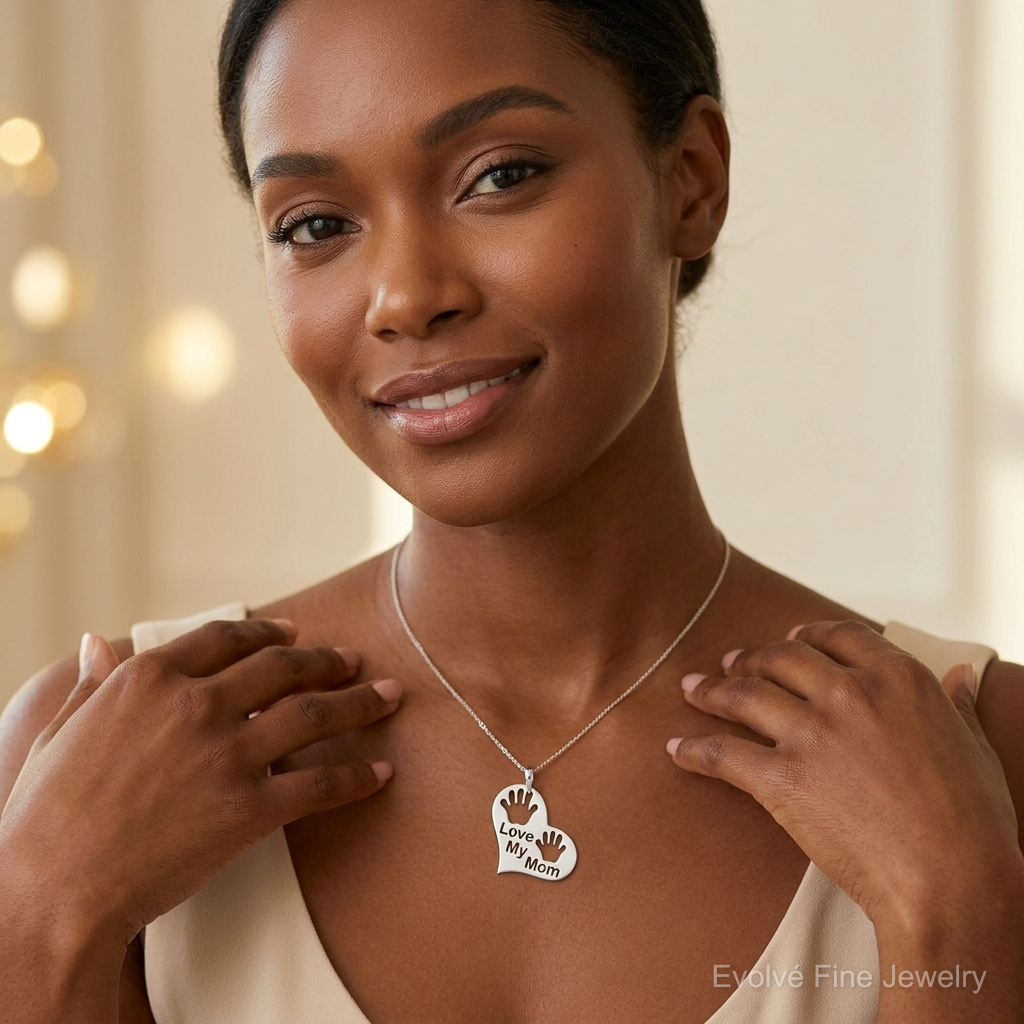 Sterling Silver Polished Love My Mom Heart Pendant - Model Shot