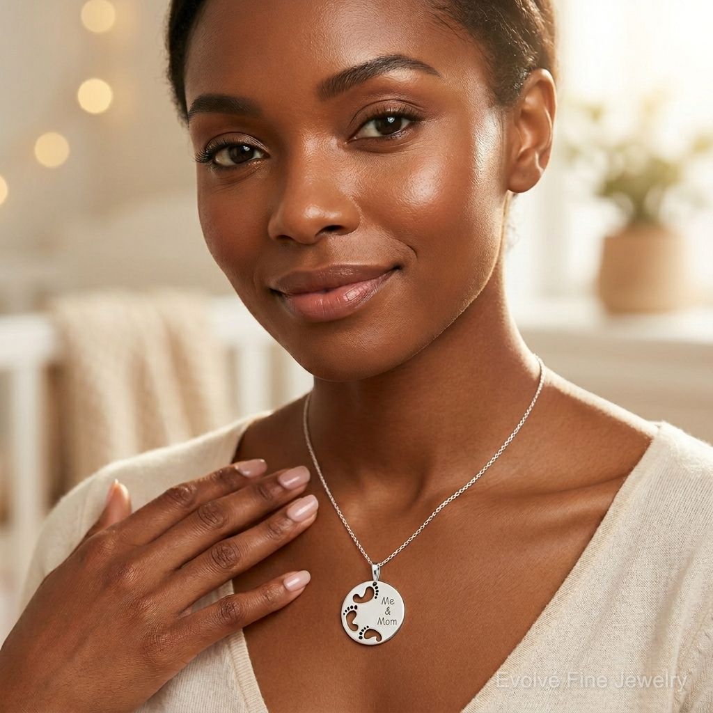 Sterling Silver Polished Me & Mom Pendant - Model Shot