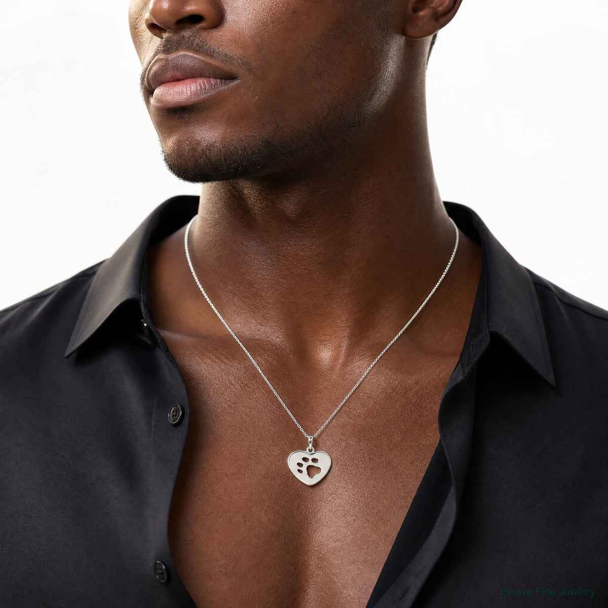 Sterling Silver Polished Heart with Paw Print Pendant - Model Shot
