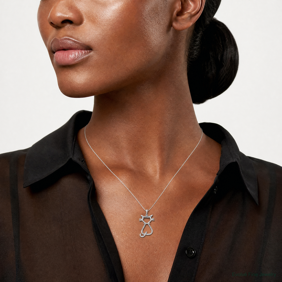 Sterling Silver Polished Cat Pendant - Model Shot