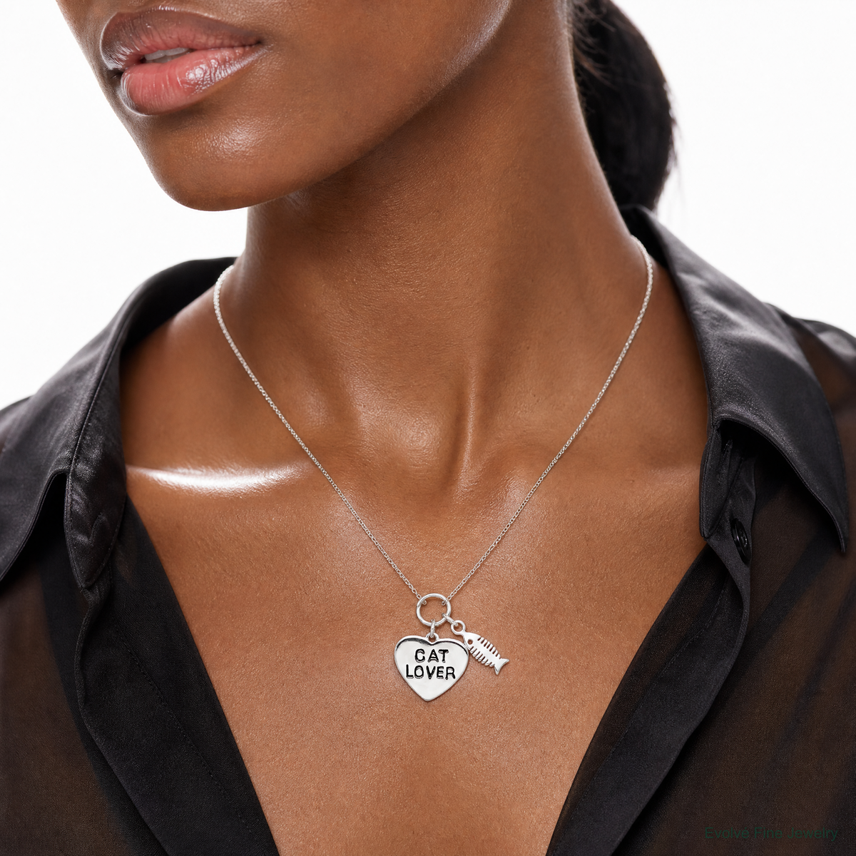 Sterling Silver Cat Lover Pendant - Model Shot