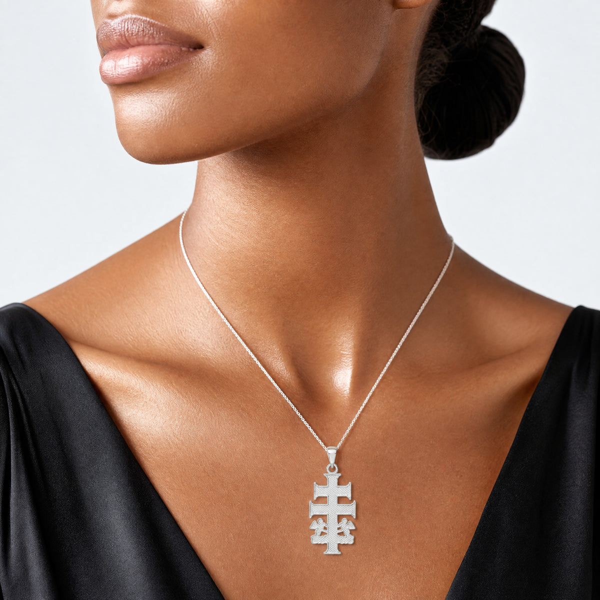 Sterling Silver Polished Caravaca Double Cross w/Angels Crucifix Pendant - Model Shot
