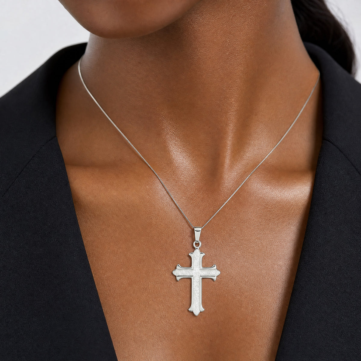 Sterling Silver Polished Textured Cross Pendant - Model Shot