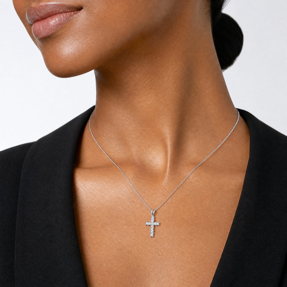 Sterling Silver Polished CZ Cross Pendant - Model Shot