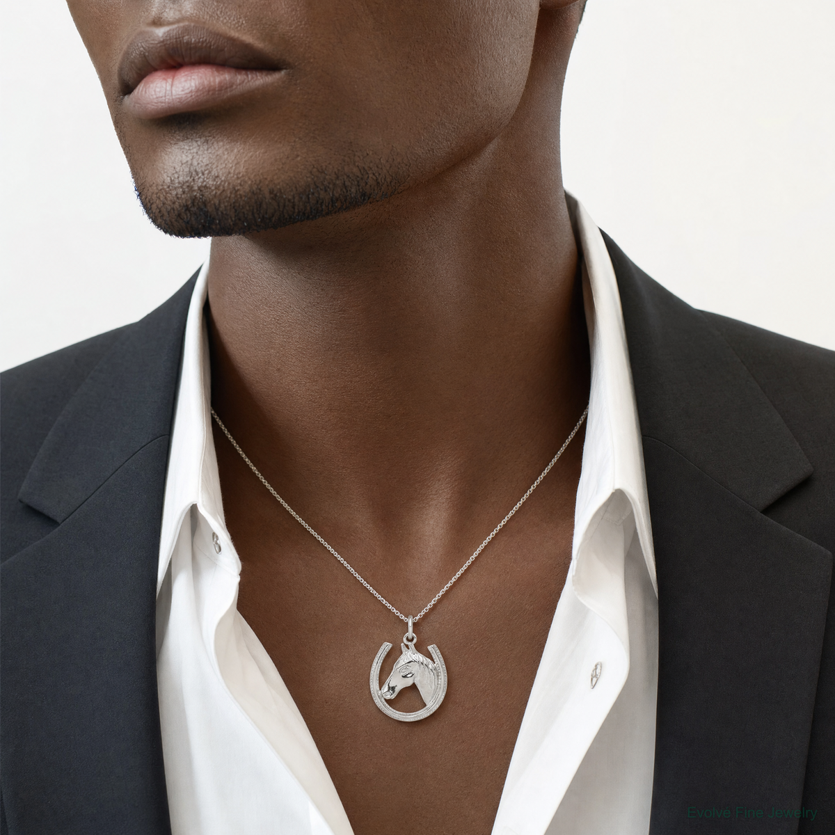 Sterling Silver Horseshoe with Horse Head Pendant - Model Shot
