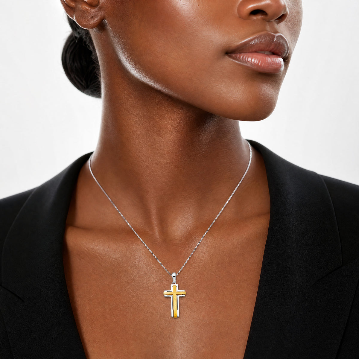 Sterling Silver Rhodium-plated & Gold-tone Brshd/Polished Cross Pendant - Model Shot