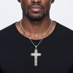 Sterling Silver Polished & Textured Large Floral Cross w/Jesus Pendant - Model Shot