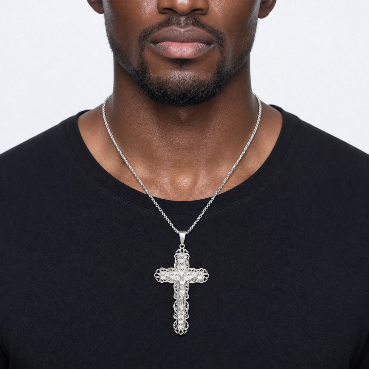 Sterling Silver Polished & Textured Large Floral Cross w/Jesus Pendant - Model Shot
