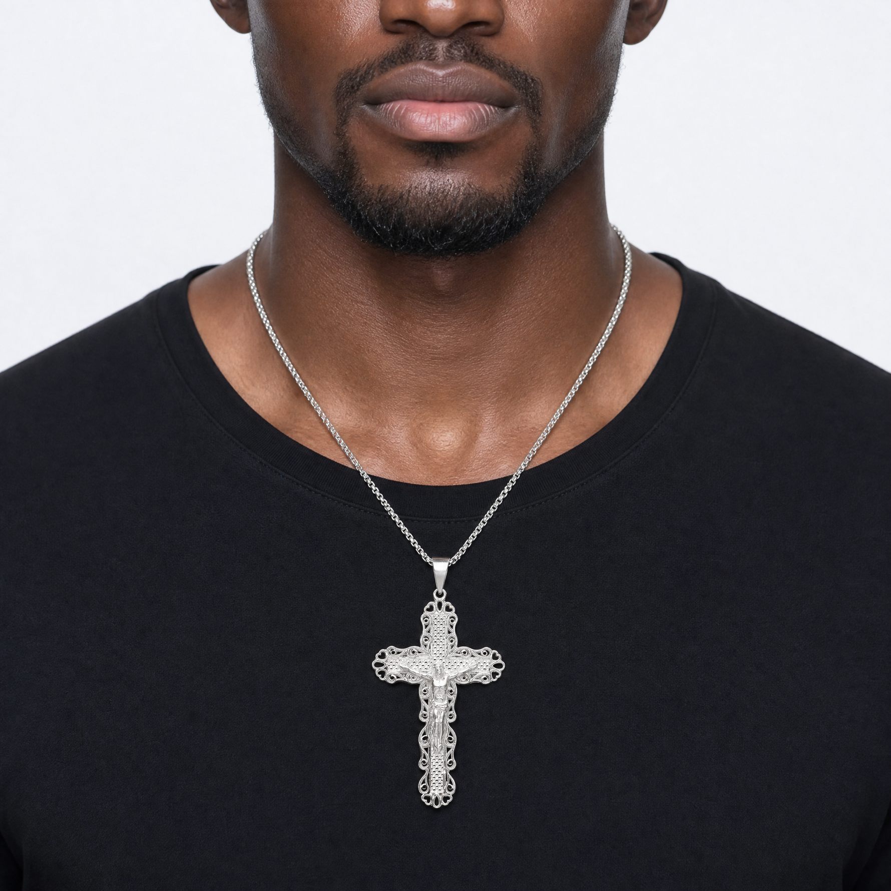 Sterling Silver Polished & Textured Large Floral Cross w/Jesus Pendant - Model Shot