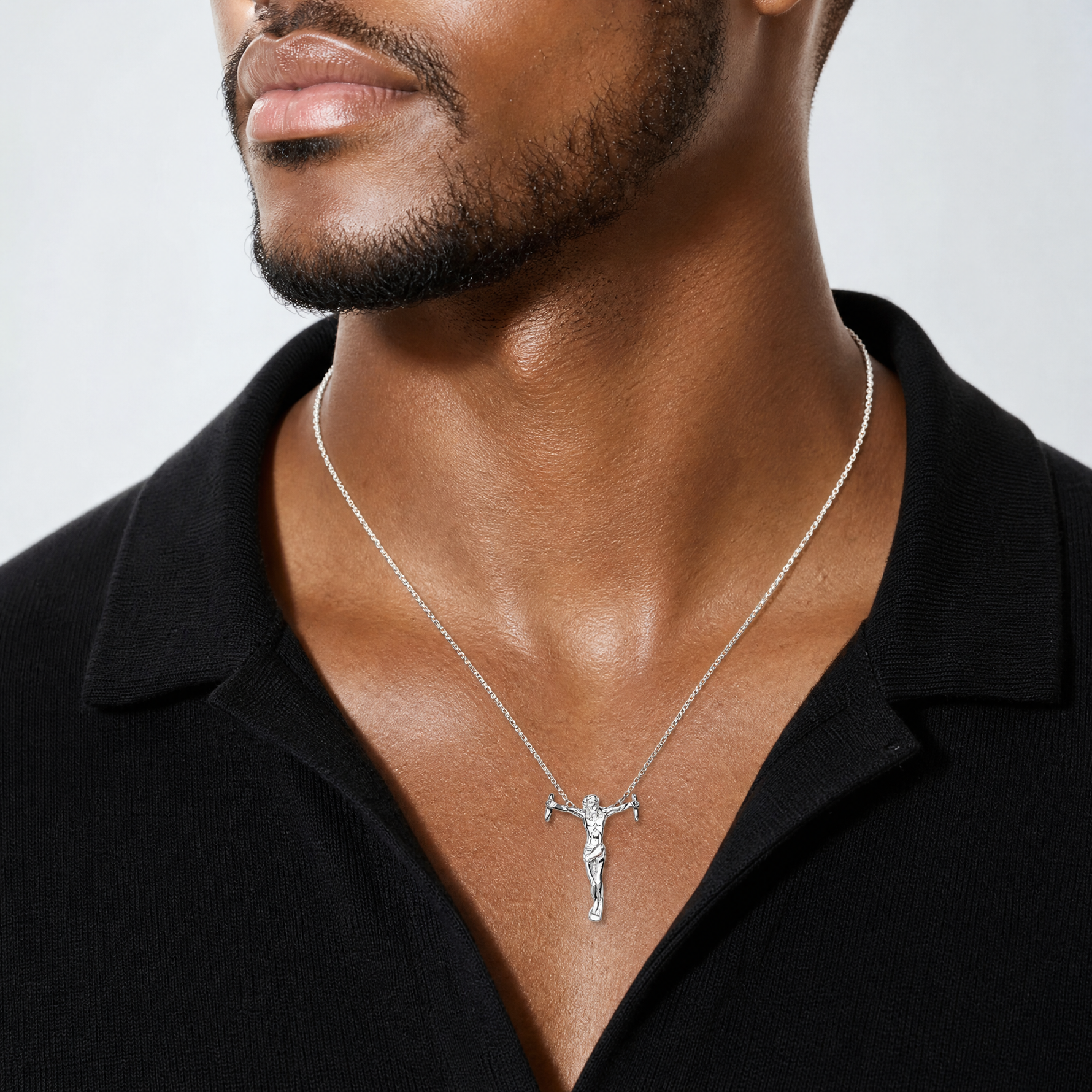 Sterling Silver Polished Mini Jesus Cross Chain Slide - Model Shot