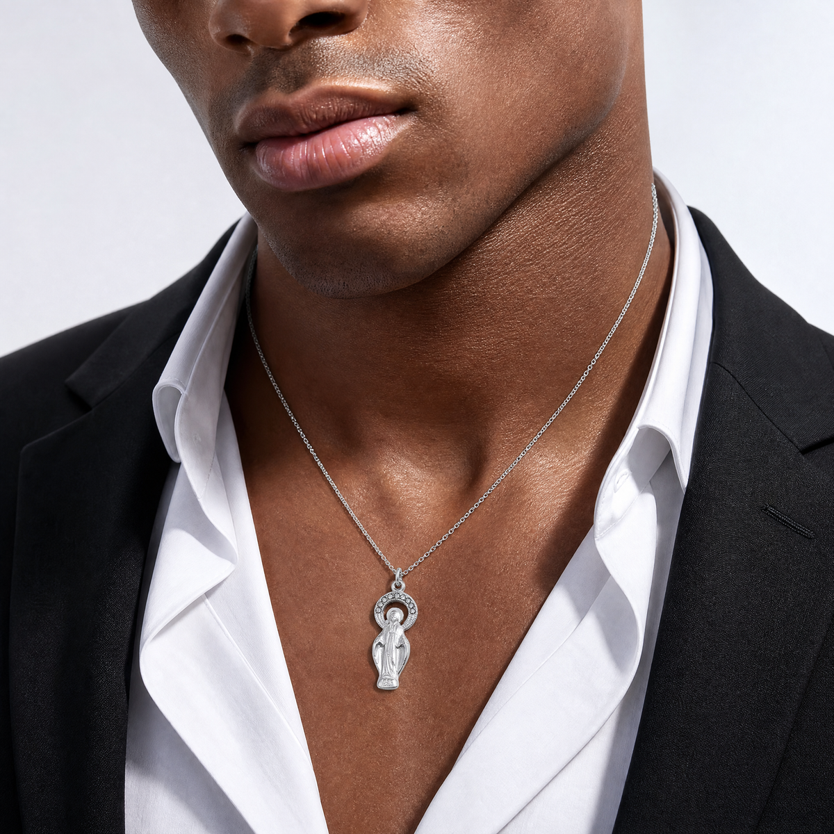 Sterling Silver Platinum-plated Polished & Satin CZ Miraculous Medal Pendan - Model Shot
