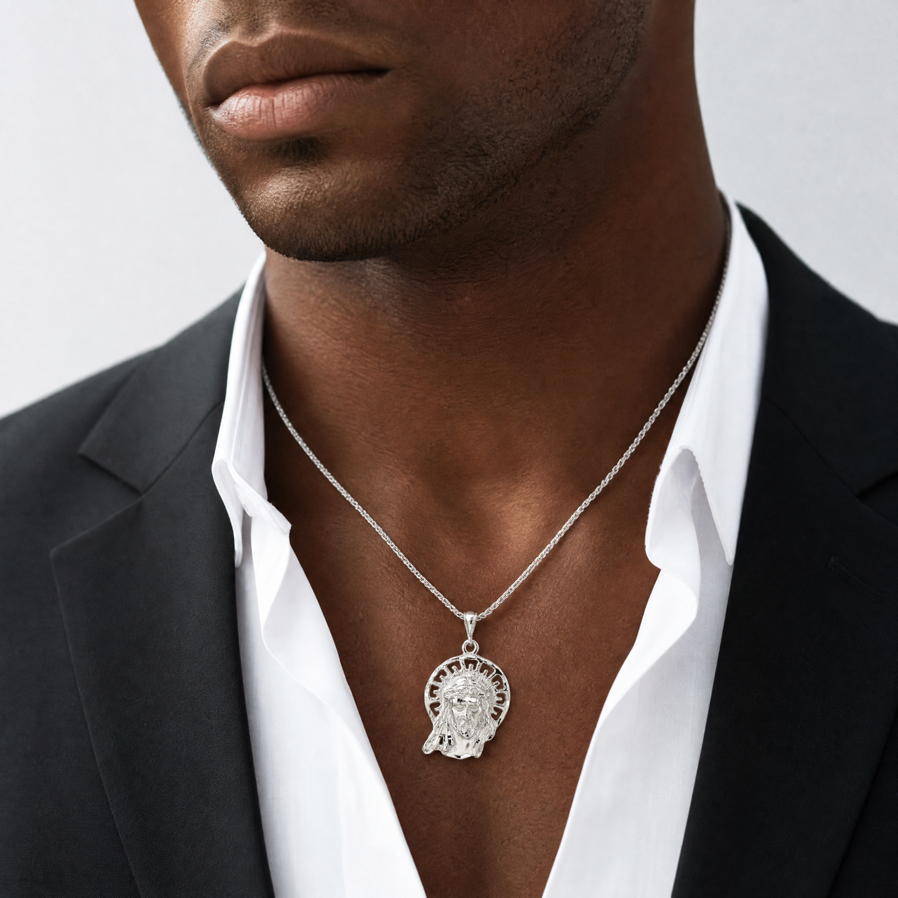 Sterling Silver Polished & Textured Jesus Head Pendant - Model Shot