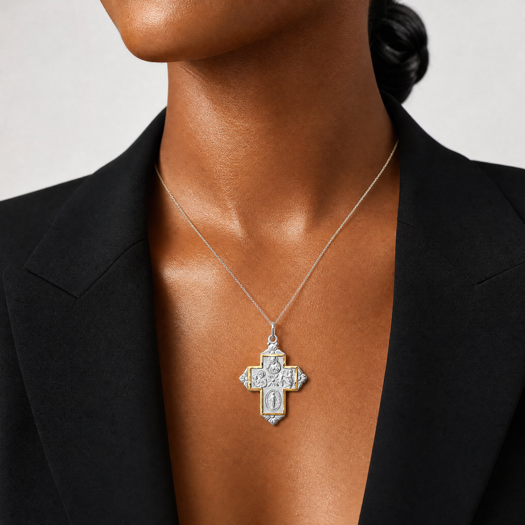 Sterling Silver Platinum-plated & Gold-tone 4-Way Medal Cross Pendant - Model Shot