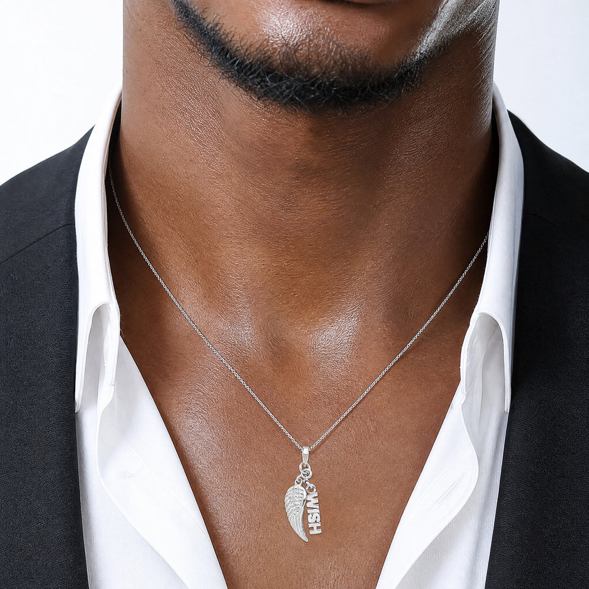 Sterling Silver Rhodium-plated Polished/Textured Wish/Angel Wing Pendant - Model Shot