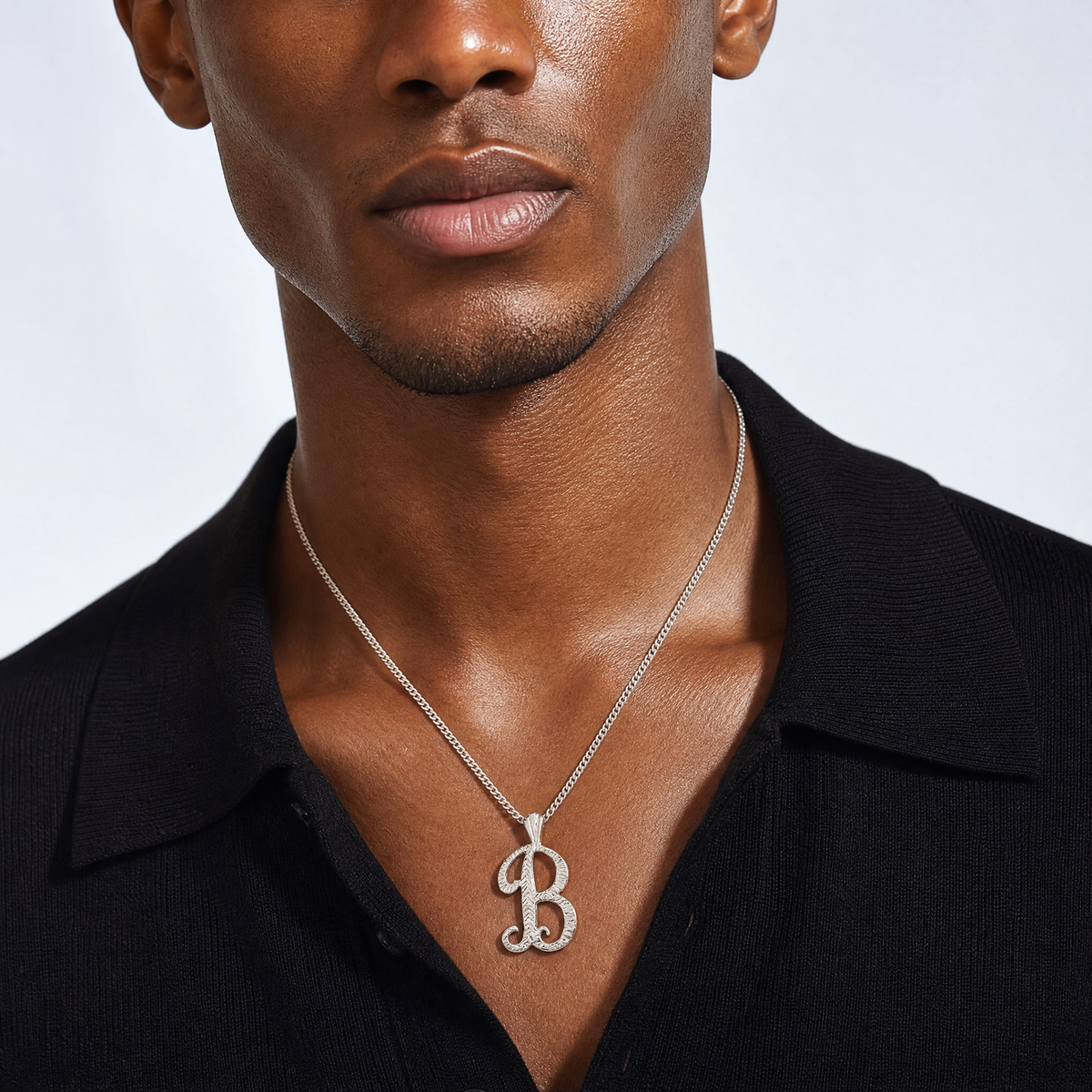Sterling Silver Polished & Textured Letter B Initial Chain Slide - Model Shot