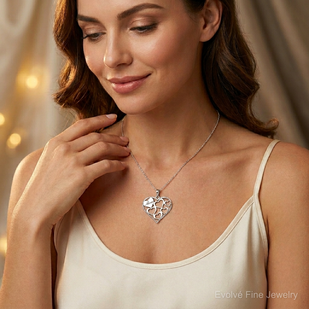 Sterling Silver Polished & Textured 'Mom' Engraved Heart Pendant - Model Shot