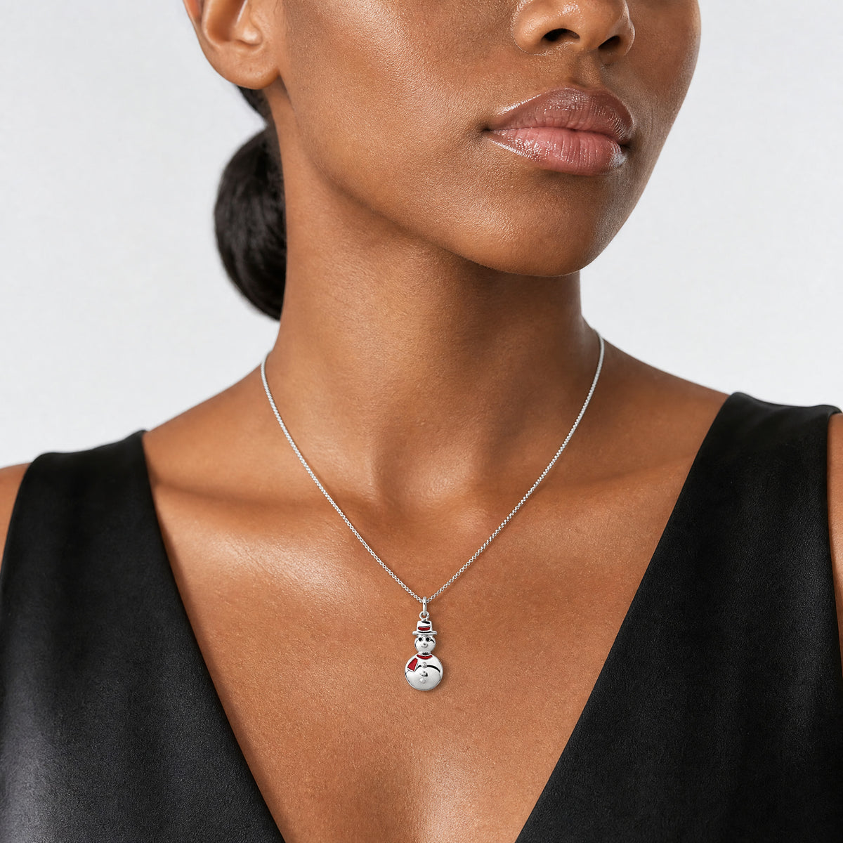 Sterling Silver Polished Enamel Snowman Pendant - Model Shot