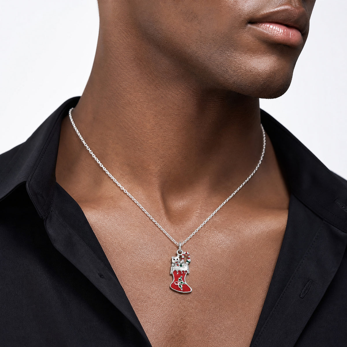 Sterling Silver Polished Enamel Christmas Stocking Pendant - Model Shot