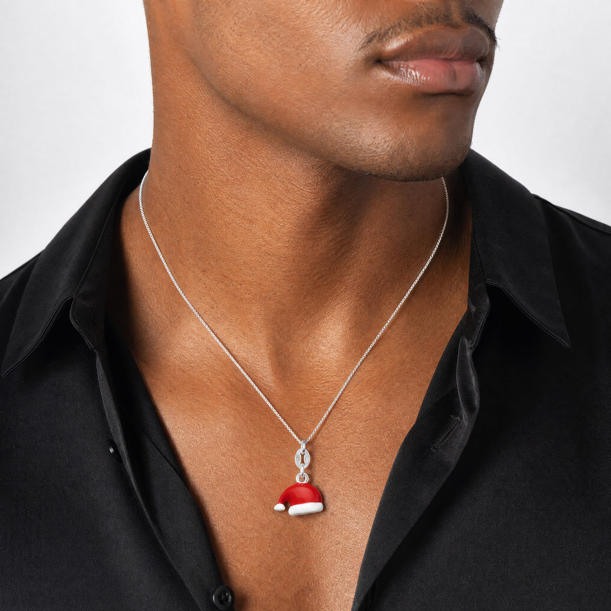 Sterling Silver Polished Enamel Santa Hat Charm - Model Shot