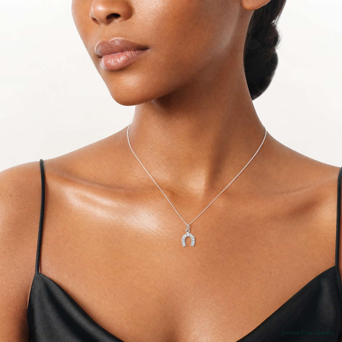 Sterling Silver Polished Horseshoe CZ Charm - Model Shot