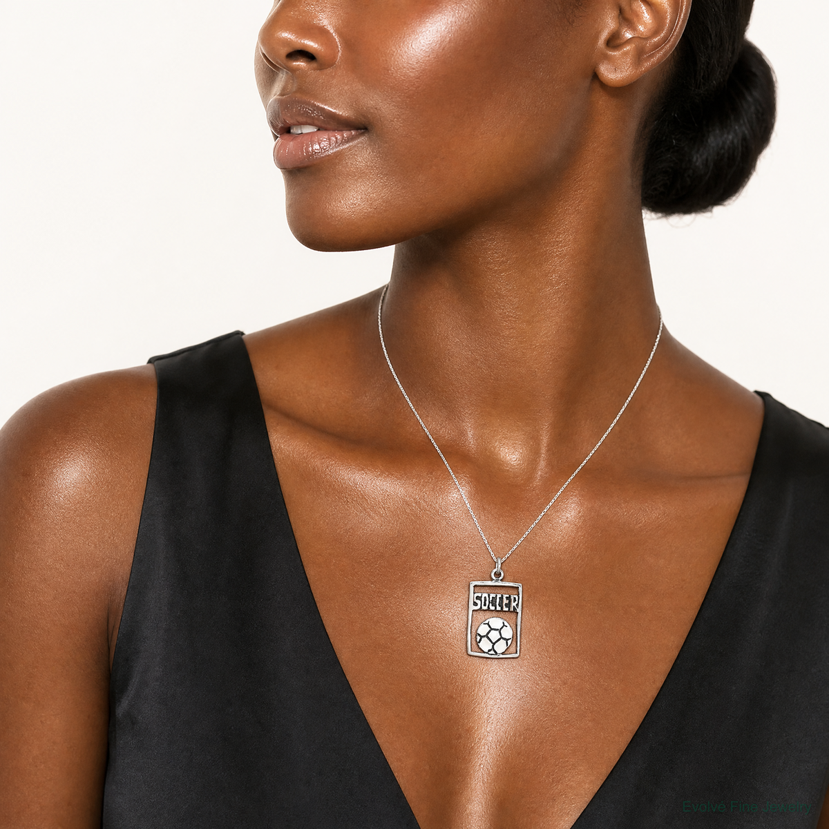 Sterling Silver Antiqued Soccer Rectangle Pendant - Model Shot