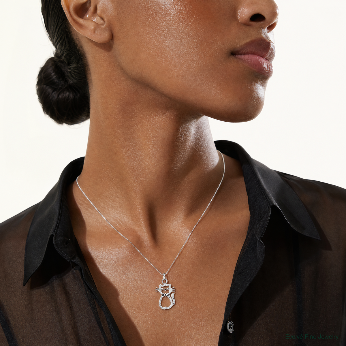 Sterling Silver Polished Cat Charm - Model Shot