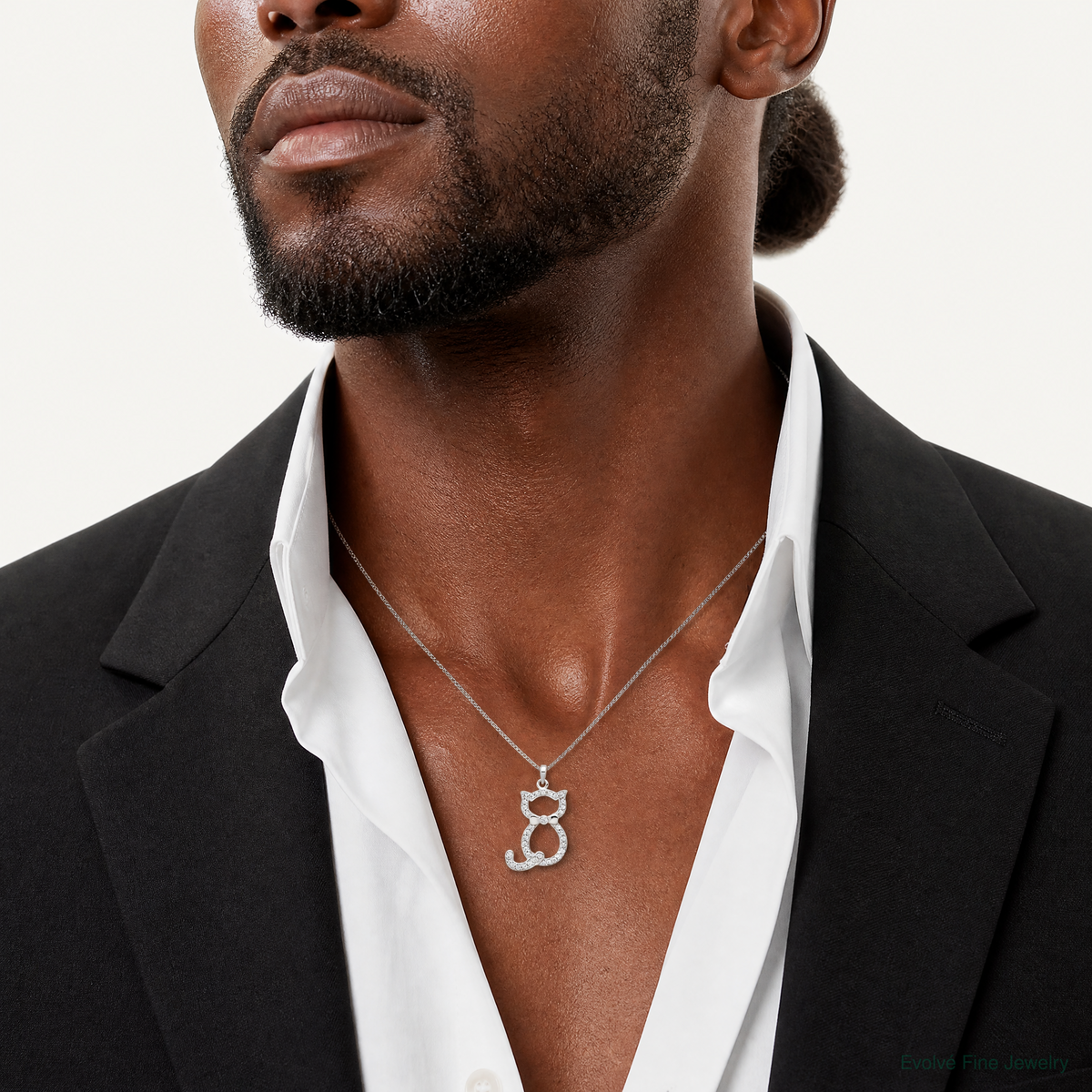 Sterling Silver Polished CZ Cat Pendant - Model Shot