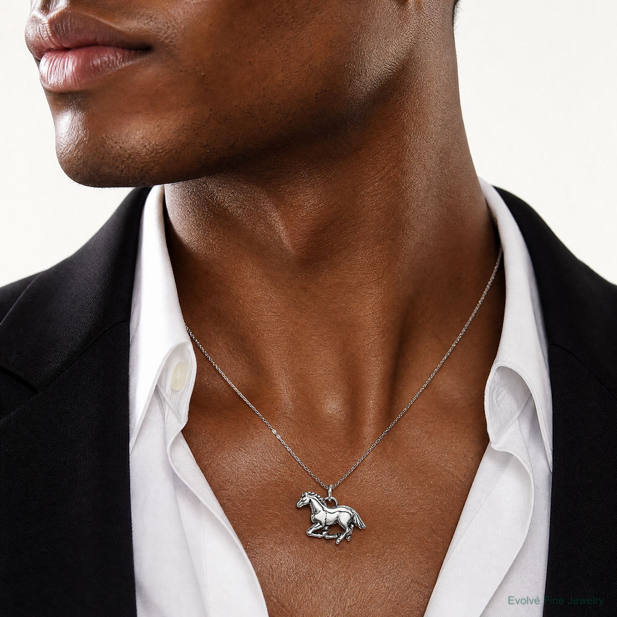Sterling Silver Antiqued & Textured Horse Pendant - Model Shot