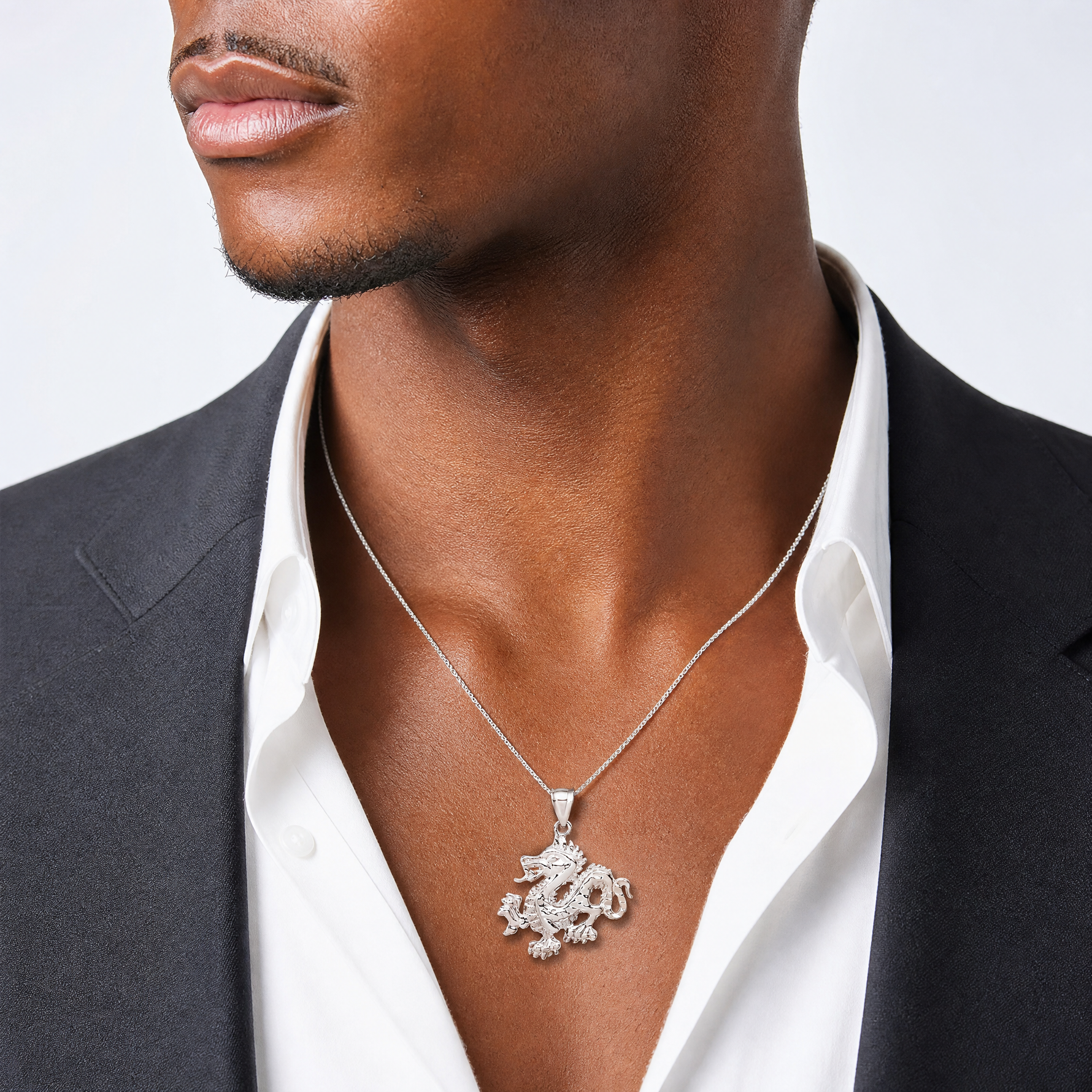 Sterling Silver Polished & Textured Chinese Dragon Pendant - Model Shot